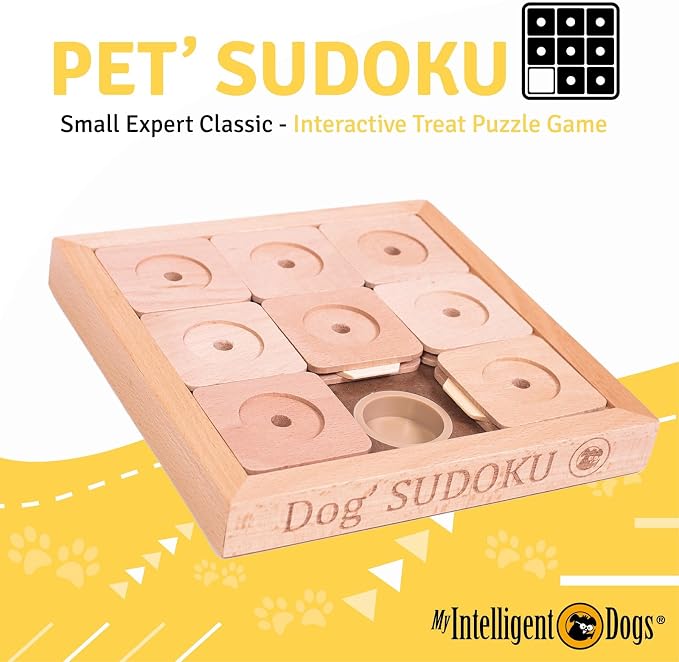 Interactive Wooden Sudoku Puzzle for Cats and Small Dogs - Expert Brain Pet Toy - 9 Treat-Hiding Holes, Small All-Wood Design