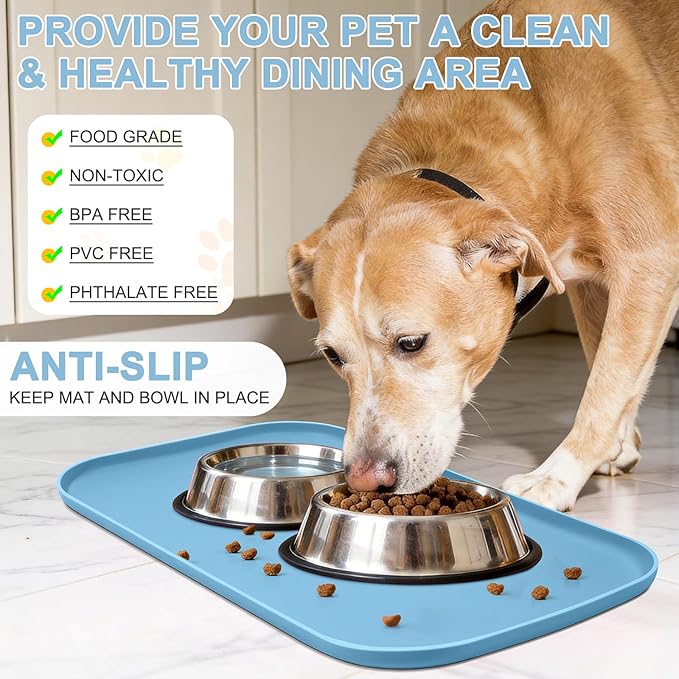 SMILOOL Waterproof Silicone Pet Food Mat with Raised Edge for Dog & Cat | 19" x 12" Non-Slip Pet Feeding Mats with Lip for Food & Water Bowl, Food Grade, Easy Cleaning, Light Blue