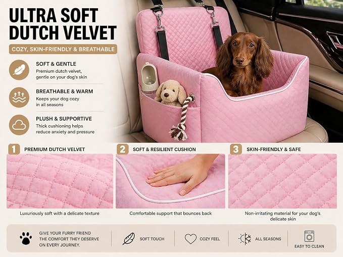 Dog Car Seat for Small/Medium Dogs Under 35lbs | Soft Memory Foam Booster Car Seat with Detachable Washable Cover and Cushion, Puppy Dog Car Bed