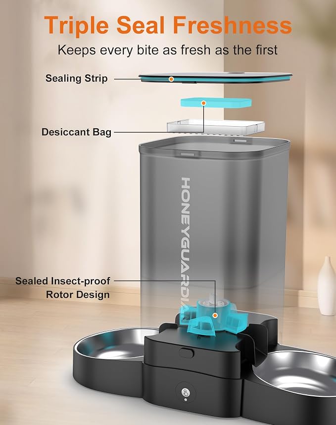 HoneyGuaridan 5L Automatic Cat Feeder for Two Cats, 2.4/5G WiFi Smart Feed Pet Feeder with Stainless Steel Bowl,APP Control Dispenser, Dual Power Supply,Desiccant Bag,10s Meal Call Black | Pet Feeder with Stainless Steel Bowl,APP Control Cat Food Dispe...