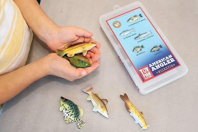Toy Fish Factory American Angler Collection Toy Fish Set, Toy Fish Figurines, Largemouth Bass Catfish Bluegill Crappie Striper, Educational Toy, Fish Cake Topper, 3” Long