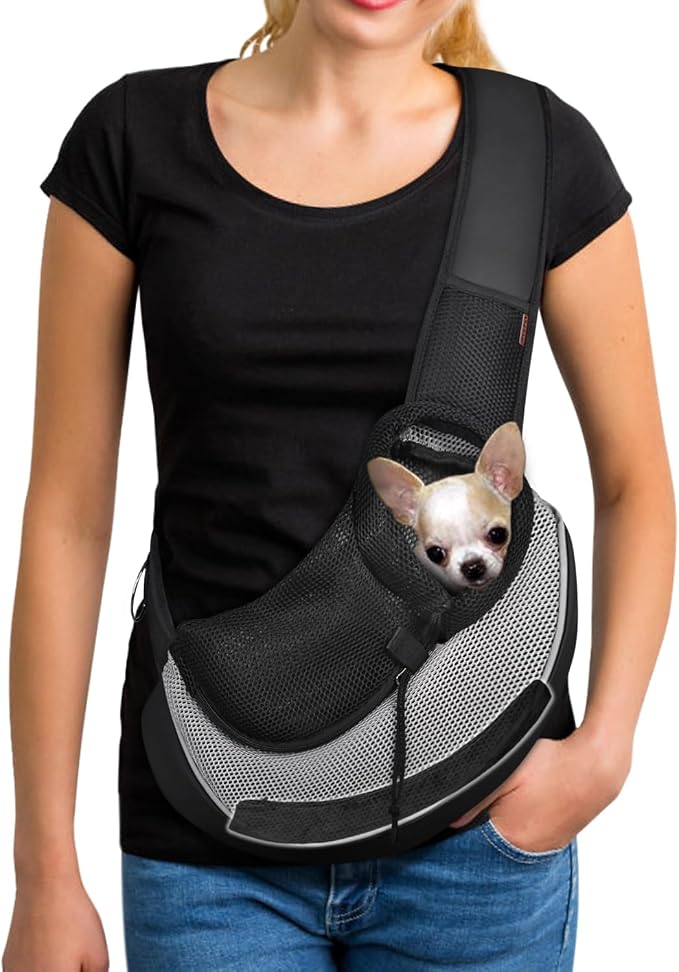 YUDODO Pet Sling Carrier for 2-5 lbs Small Dogs Cat Puppy Crossbody Carrier | Bottom support, Safety Hook, Large Zipper Pocket, Soft Breathable Mesh, Adjustable Strap, Reflective Strip, Gray, S