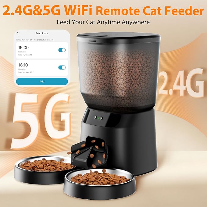 Automatic Cat Feeders for Two Cats, 5L/20 Cups Double Automatic Cat Food Dispenser with 2 Stainless Bowls, Timer Setting 20 Portions 6 Meals Per Day, 10s Meal Call (WiFi丨 Black)