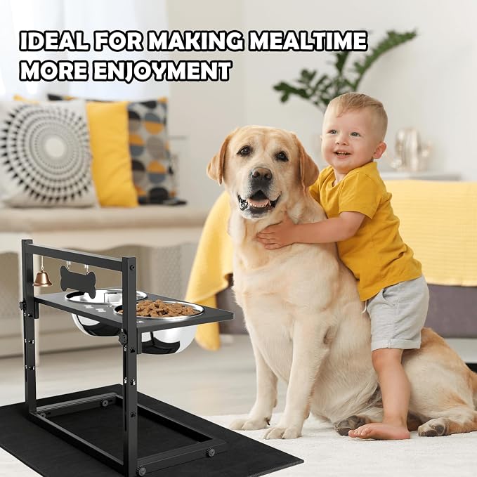 Elevated Dog Bowls with Slow Feeder and Spill Proof Mat, Adjustable Height 4.3-11.8'', Two 1.7L Stainless Steel Food & Water Bowls, Metal Raised Dog Bowl Stand, for Large Medium Breeds