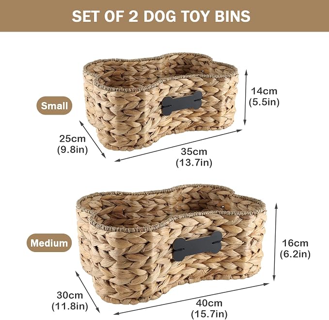 Set Of 2 Pet Dog Toy Basket-Dog Bone Basket-Wicker Basket for Pet Stuff-Dogs Toy Box for Living Room Area-Handmade Water Hyacinth Baskets with DIY Tag ﻿