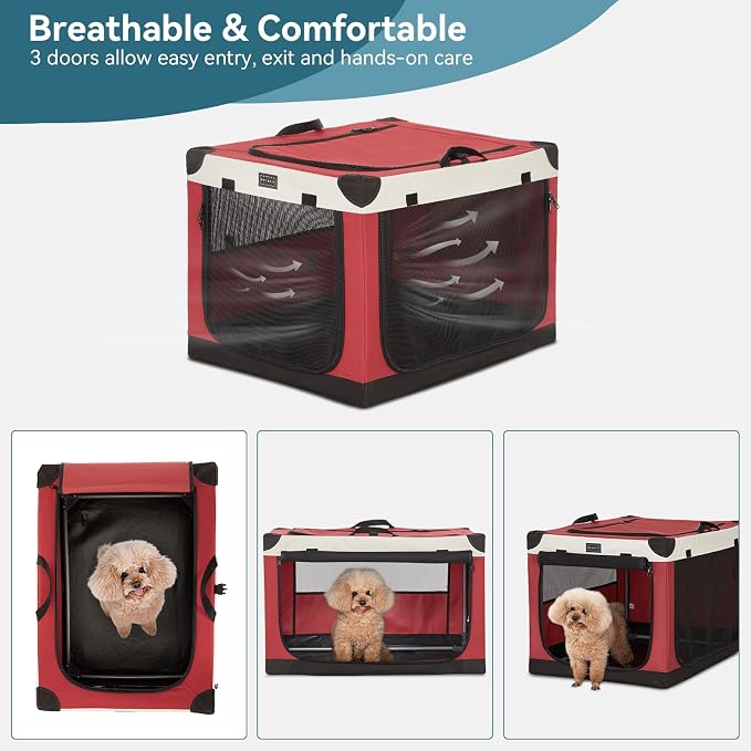 PETSFIT 26" Soft Portable Dog Crate – Patented Spiral Sturdy Frame, Collapsible Travel Kennel for Small Dogs, 3 Mesh Door, Lockable Zippers, Indoor & Car Use Red