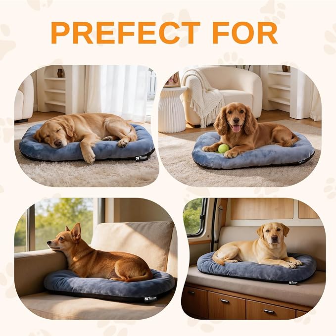 Washable Oval Medium Dog Bed, Silver-Tipped High-Resilience, Dusty Blue | Non-Slip Bottom Prevents Sliding, Soft Plush Short Fur, Machine Washable, Ideal for Crates/Apartments/Cozy Nooks,29"x18"x2.8"