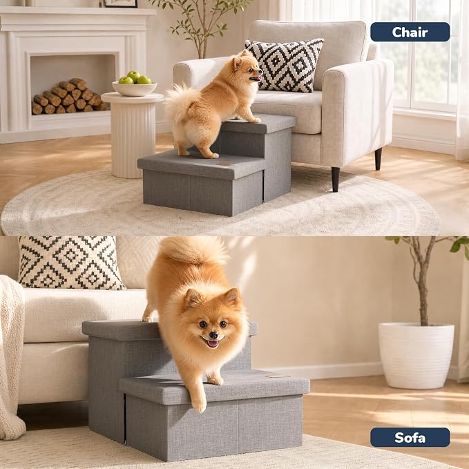 2-Step Wide Dog Stairs with Storage 11" H, Non-Slip Sturdy Pet Steps for Couch Chair, Dog Steps for Small/Medium Old Dogs, Cats, Rabbits Up to 150lbs, Foldable Cat Puppy Stairs for Car, Grey