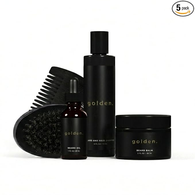 Golden Grooming Co. Beard Care Kit for Men - 5pc Grooming & Growth Set includes Beard Shampoo, Balm, Oil, Wood Comb & Boar Bristle Brush - Men's Self Care Gift Bundle