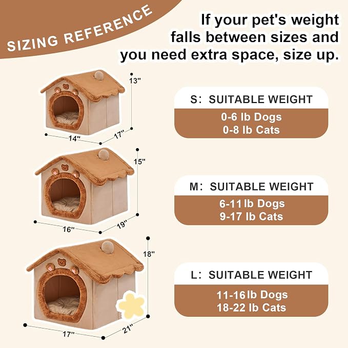 Cute Cat Beds for Indoor Cats,Foldable Cat House with Non-Slip Bottom,Brown | S Size Kitten Bed for 0-6 Lb Dogs and 0-8 Lb Cats,Cat Nest Puppy Cave,Soft Cozy Dog Cave Bed