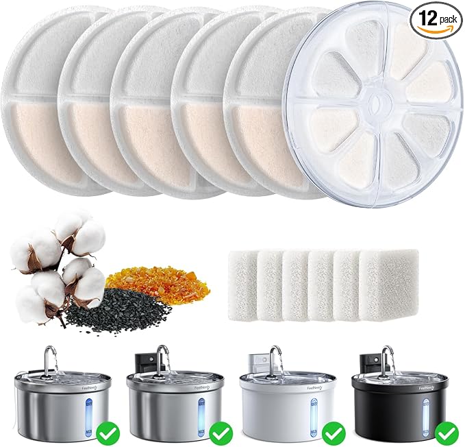 6 Pack Cat Water Fountain Filter & 6 Pack Pump Filter Sponges Replacement for [FN-W08L] and [FN-W06] - 6 Filters+1 ABS Shell+6 Sponges