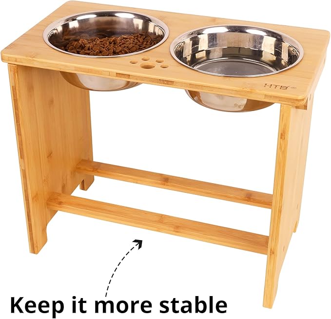HTB Elevated Dog Bowl Stand with 2 Stainless Steel Bowls-14 H XLarge Bamboo | Raised Dog Bowl Stand, 14"tall, 48 Oz Bowls, for Large Sized Dogs, Pet-safe, Solid Bamboo