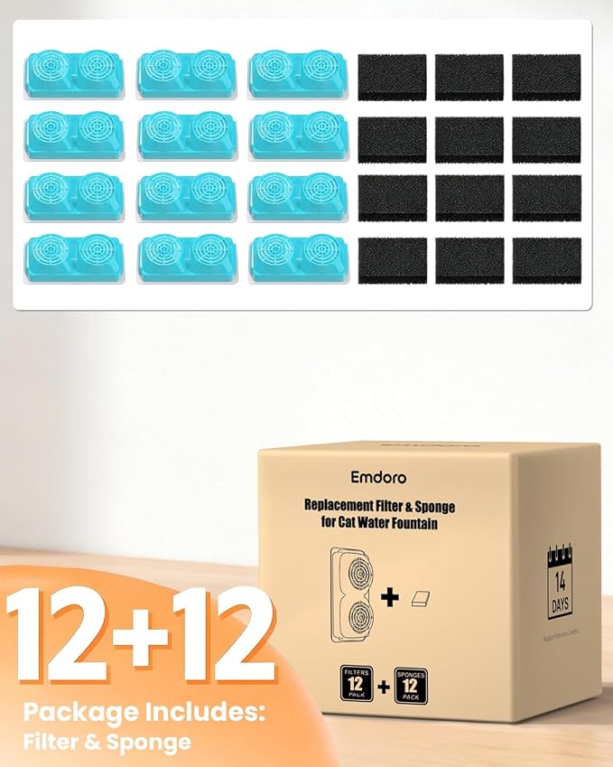 Official Replacement Filters for 3.2L/108oz Cordless Cat Fountain | 12 Pack Replacement Filters & Sponges - Multi-Layer Filtration - Easy Replacement for Emdoro Cordless Pet Fountain