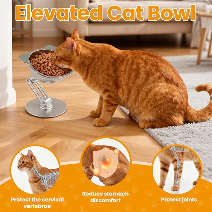 BEAVE NIUNIU Adjustable Elevated Cat Bowl Single Stand Tilted Feeder | 330ml Wide SS Bowl, 7.9in Max Height, Ergonomic Feeder for All Cats & Small Dogs