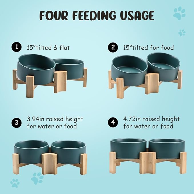 SPUNKYJUNKY 15° Slanted Ceramic Dog and Cat Bowl with Wooden Stand, Tilted Bulldog Food and Water Bowl No Slip Non-Spill for Cats Medium Dogs Big Face Pets 28.7 OZ (3.6 Cups, Green × 2)
