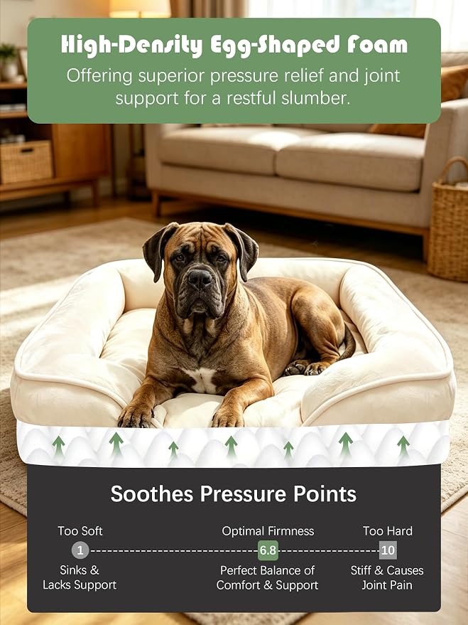 Spotted Play Orthopedic Dog Bed with Sides - Sofa Beds for Extra Large Dogs, Supportive Foam Pet Couch Bed with Washable Removable Cover, Waterproof Lining and Non-Slip Bottom, Ivory - XXL