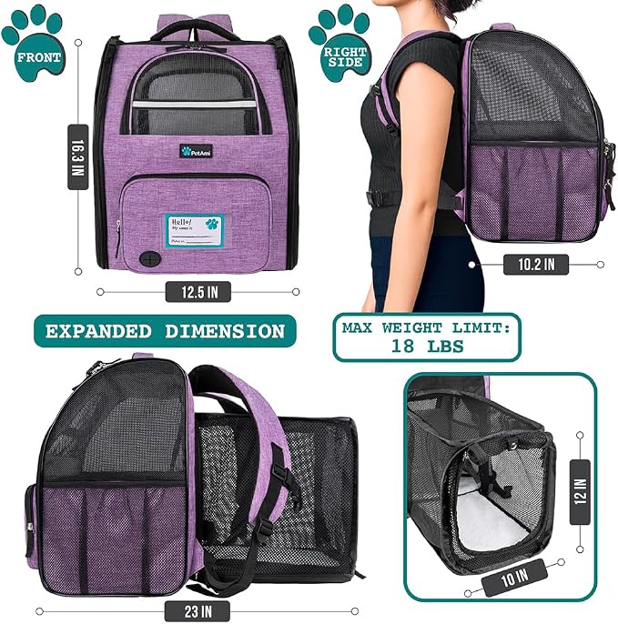 PetAmi Expandable Dog Backpack Carrier for Cats & Pets, Breathable Cat Carrier Backpack with Top Window & Multi-Entry, Ventilated Foldable Travel Carrier for Small Medium Pets up to 18 lbs, Purple