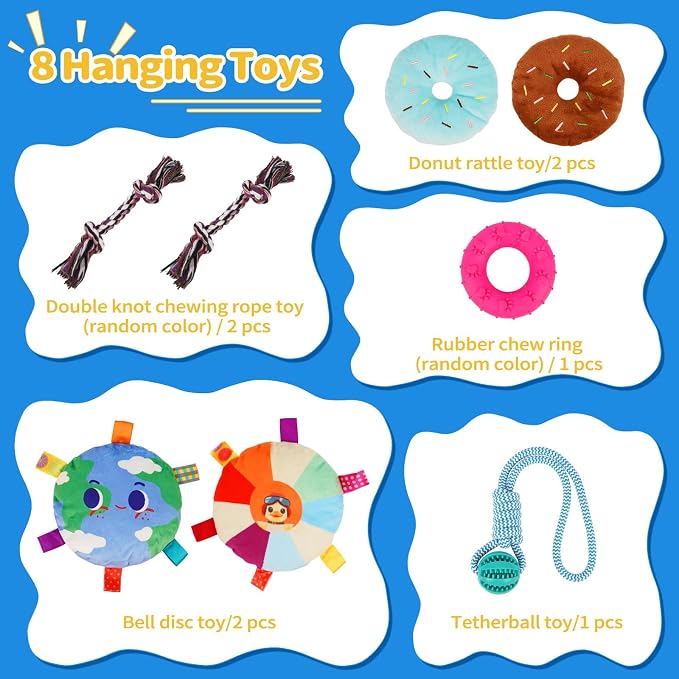 Liitrton Puppy Play Gym for Small Dogs with 8 Hanging Toys, Blue | 19.5"x19.5"x19.5" PVC Frame, Indoor Puppy Jungle Gym with Interactive Puppies Toys