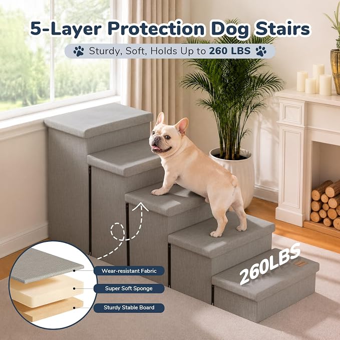 5-Step Wide Dog Stairs with Storage 23" H, Non-Slip Sturdy Pet Steps for High Bed Couch Window, Pet Stairs for Small/Medium/Large Old Dogs Cats Up to 260lbs, Cat Dog Steps for Car/SUV, Grey
