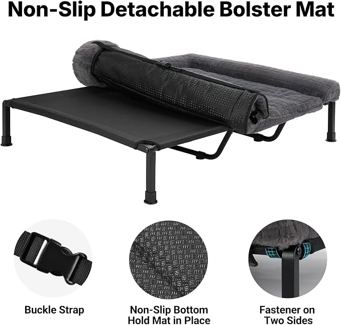 Veehoo Plush Double Dog Couch Bed for 2 Dogs, Washable Elevated Dog Bed | Cooling Raised Pet Cot with Removable Bolster Cushion, Breathable Mesh, No-Slip Feet, 59 x 37 inches, Grey