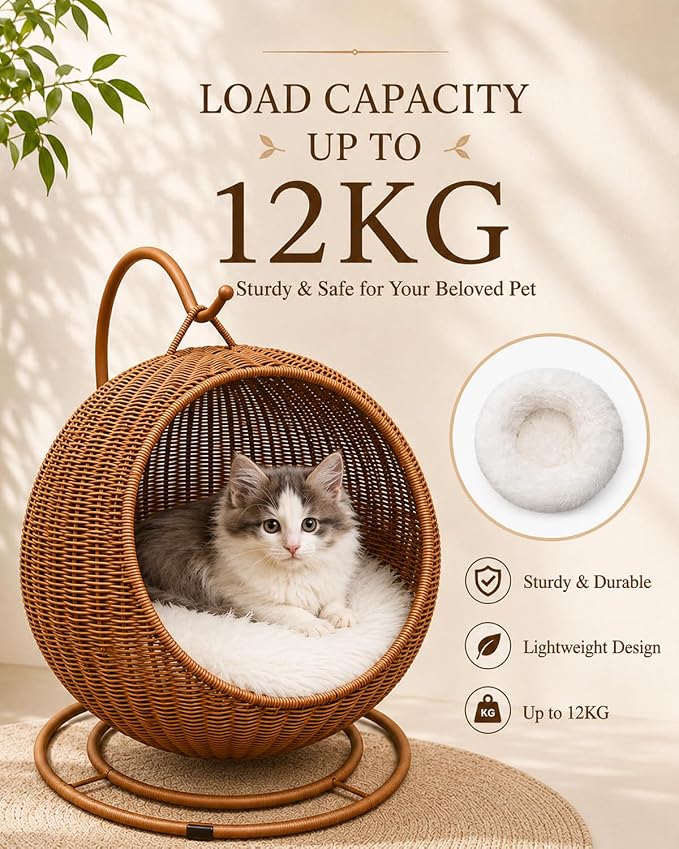 Wicker Cat Bed Indoor & Outdoor, Handwoven PP Rattan Cat Swing Bed with Removable Washable Cushion, Breathable Waterproof Cat House for Cats & Small Dogs (Large–16.9" L × 25.98" H)