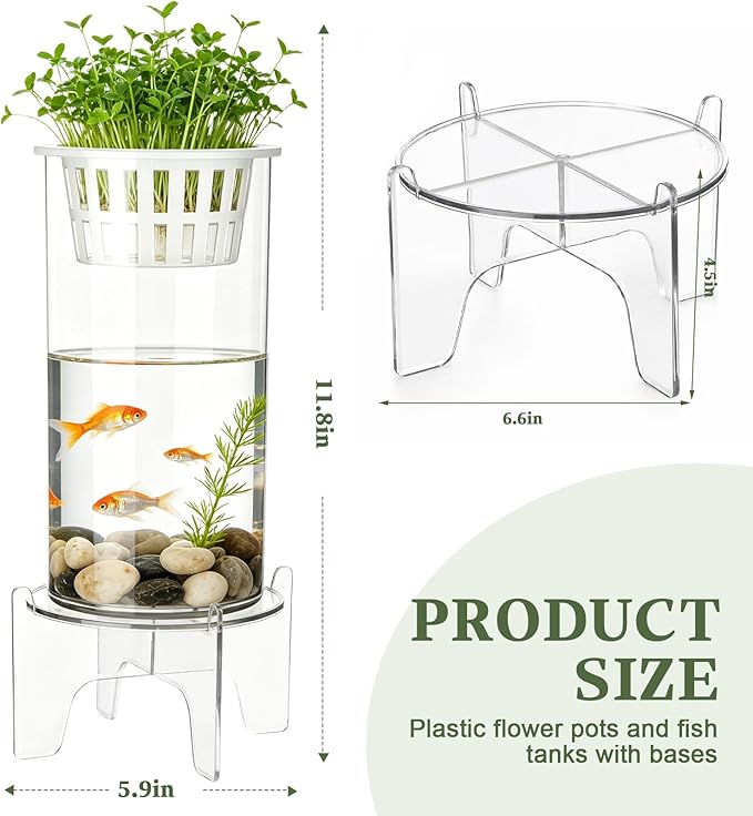 Thenshop 1.87 Gallon Plastic Aquaponic Planter and Aquarium Betta Bowl Fish Aquariums Small Fish Tank with Base and Top Promotes Healthy Hydroponic Environment for Plants (Straight Cylinder)