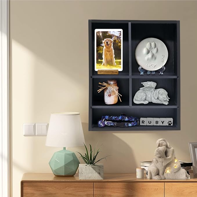 11*14" Solid Wood Pet Memorial Shadow Box Frame with Shelves | Deep Pet Memory Box Display Case for Dogs or Cats Urn Ashes Paw Print Keepsake for as Loss Remembrance Sympathy Gift- Black
