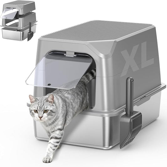 WoofiGo Enclosed Stainless Steel Cat Litter Box with Lid, XL Extra Large Litter Box for Big Cats, Metal Litter Pan High Sided, Never Absorbs Odors, Anti-Urine Leakage, Include Scoop (Light Grey)