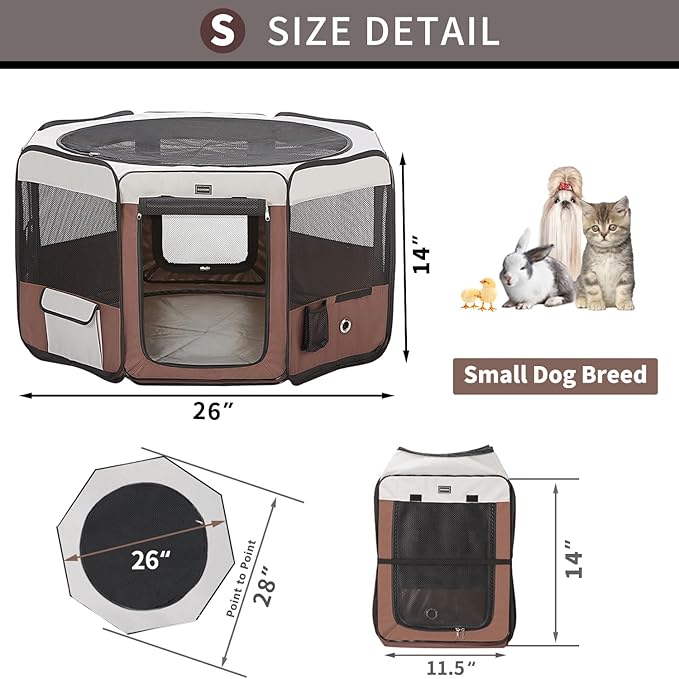 Dog Playpen Portable Pet Play Pens for Small Dog/Cat/Rabbit/Chicks, Cat Playpen Indoor/Outdoor with Carring Case, Removable Zipper Top and Bottom (Brown, Small (28"x28"x14"), 8)