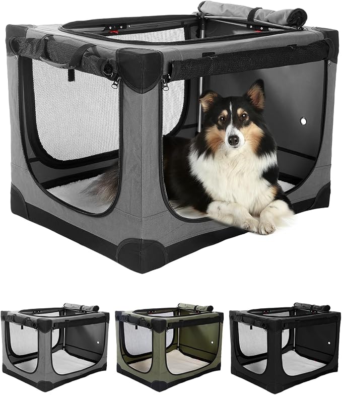 Veraste 24" Soft Collapsible Travel Dog Crate for Small Medium Pets,Grey | 4-Door Foldable Travel Crate,breathable mesh, foldable with storage bag