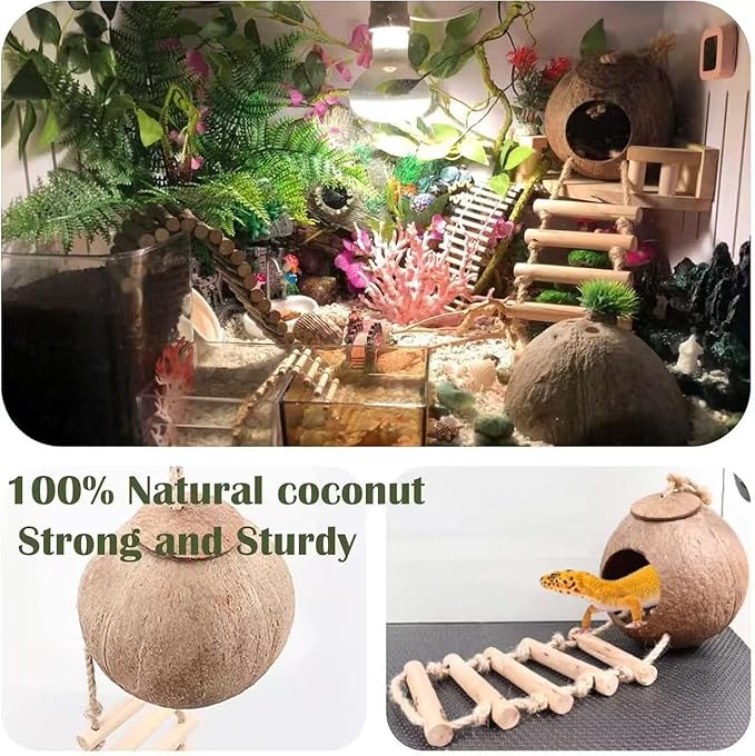 10PCS Crested Gecko Tank Accessories Set – Natural Double Coconut Shell with Ladder, Plants and Bridge Vines for Reptile Terrarium, Leopard Gecko, Lizard, Hermit Crab or Snake Habitat Decor