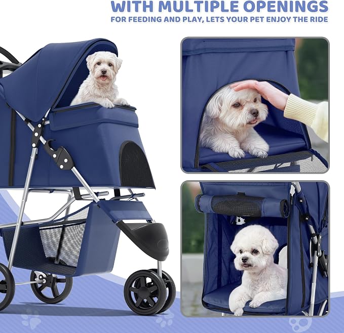 Magshion 3-Wheel Pet Stroller for Small/Medium Dogs Cats, Up to 33lbs, Navy | Foldable Travel Jogger w/ Breathable Mesh Cover, Lightweight Design, Safety Tethers, Cup Holder & Storage Basket