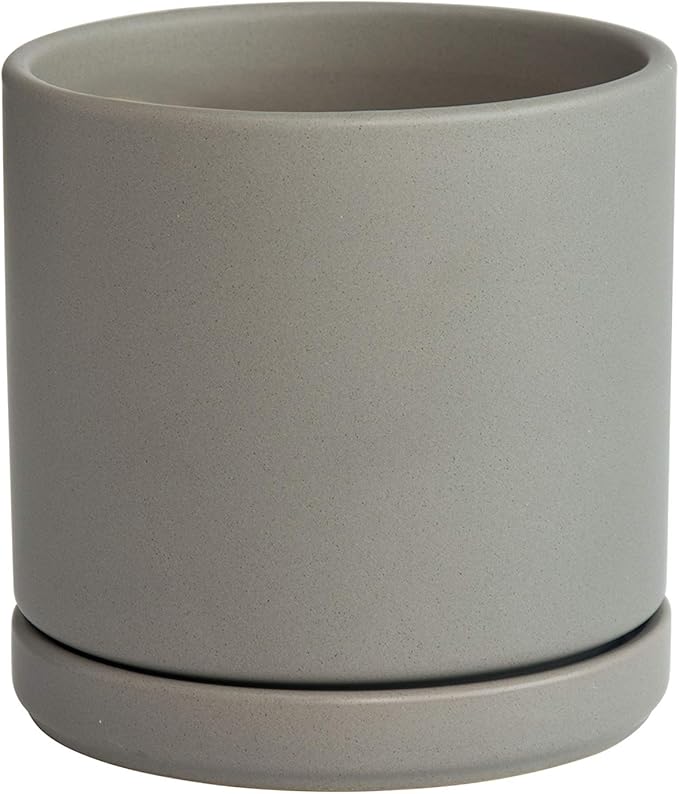 D'vine Dev 6 Inch Ceramic Planter Pot, Grey, 94-O-C-3 | Modern Cylinder Design, Drainage Hole & Saucer Included, Stable Structure, Elegant Home Accent