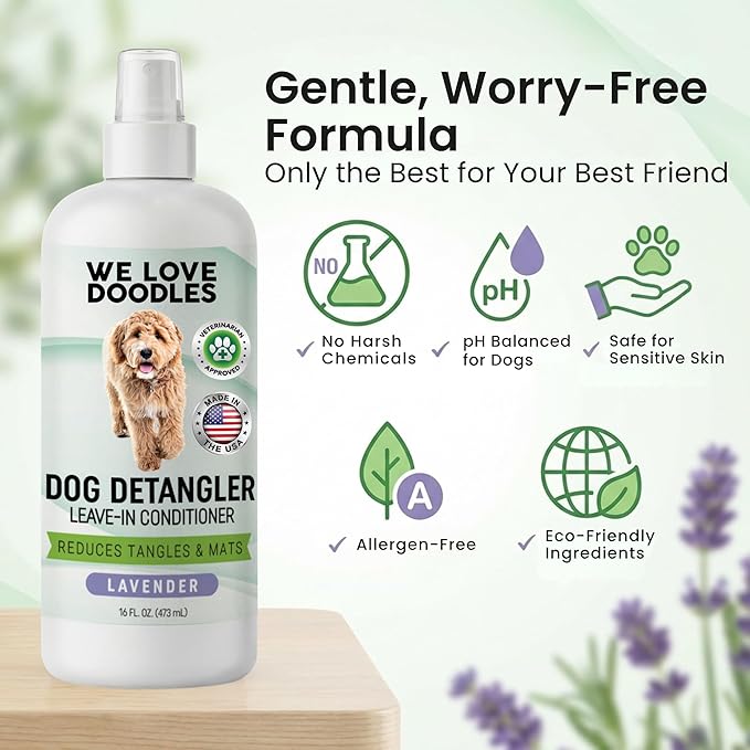 Large Slicker Brush & Lavender Detangler Spray Pack, Dog Grooming at Home | Best Brush For Long Haired Dogs, Dematting Comb & Detangling Spray For Goldendoodle Coats, Puppy Matting Grooming Supplies