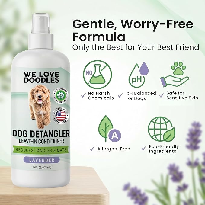 Small Slicker Brush & Lavender Detangler Spray Pack, Dog Grooming at Home | Best Brush For Long Haired Dogs, Dematting Comb & Detangling Spray For Goldendoodle Coats, Puppy Matting Grooming Supplies