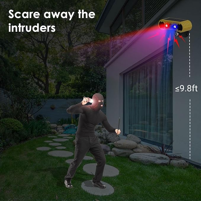 HULPPRE Solar Outdoor Motion Sensor Alarm-13 Sounds Including Dog Barking&Gunshot,2 * 130db Loud Noise Maker,4 Modes,Red&Blue Motion Activated Strobe Light,Say Goodbye to The Intruders