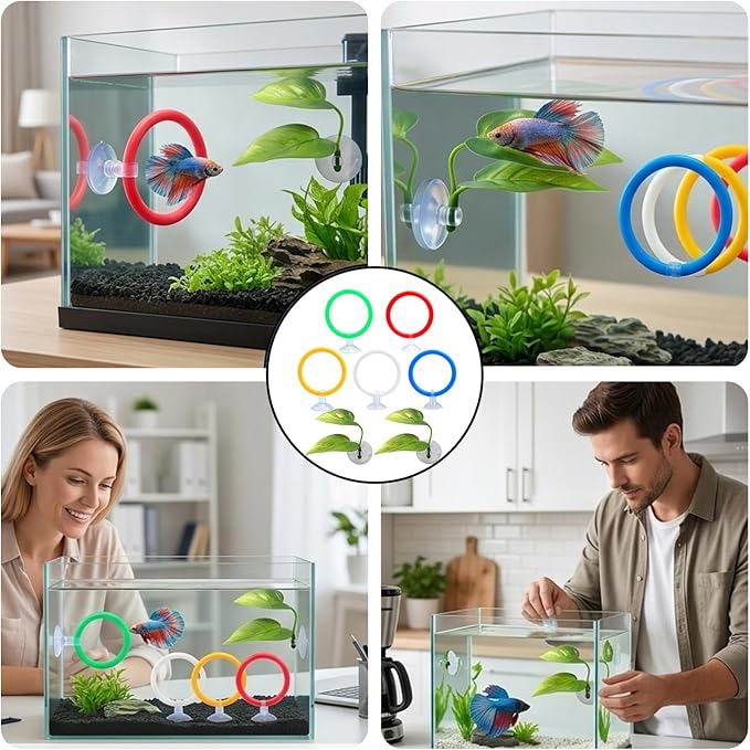 Betta Fish Tank Accessories and Toys, 7 Piece Betta Enrichment Set with Exercise Rings and Plants, Mental Stimulation and Stress Reduction for Betta Fish, Betta Toys