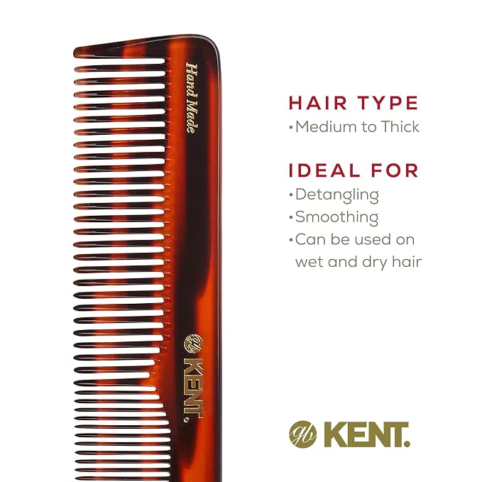 Kent 16T Tortoise Fine and Wide Tooth for Daily Grooming,Handmade Styling Comb for All Hair Types,Wet or Dry Hair Detangling Comb for Men and Women,Saw Cut Hand Polished,Made in England