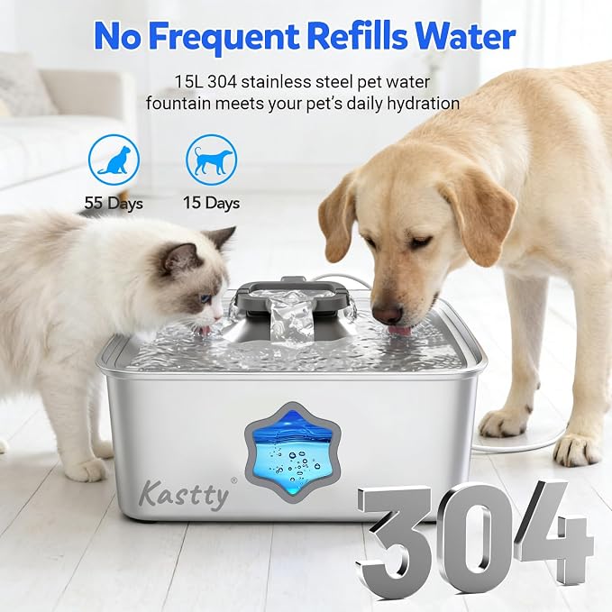 Kastty 4Gal/15L Stainless Steel Dog Water Fountain for Pets, Inside, FS81 | 5-Stage Filtration, Dual-Color LED, Visual Window, Large Medium & Multi-Pet