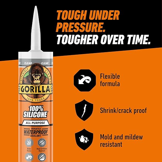 Gorilla 100% Silicone Sealant All Purpose, 10 Ounce Cartridge, Clear (Pack of 1)