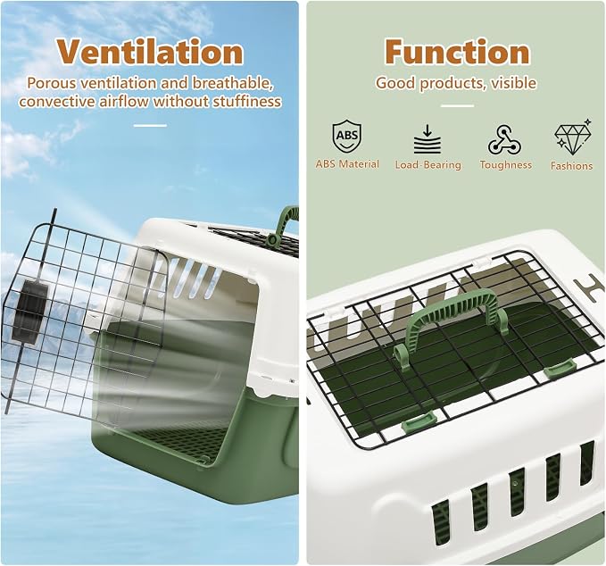 Athena Collection 22" Hard-Sided Travel Pet Carrier for Small Dogs and Cats | Plastic Dog Crate with 2-Door Top & Front Load, Ventilation, Security Lock, Cat Dog Carrier for Pet, up to 22lbs, Green