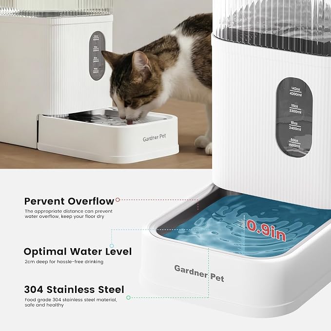 Gardner Pet 2.2 Gallon Automatic Dog Water Bowl Dispenser 8.5L Gravity Water Feeder with Stainless Steel Bowl & Maifan Stone Filter, BPA-Free for for Cats and Dogs (White, 2.2 Gallon)