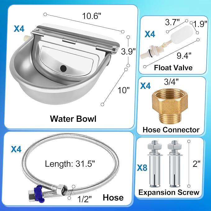 ToLanbbt 4PCS Automatic Animal Dispenser Horse Water Bowl with Float Valve Stainless Steel Goat Waterer Feeder Outside Water Trough for Livestock Auto Fill Dog Water Bowl with 1/2" Hose, Drainage Hole