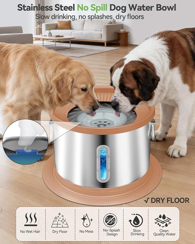 UPSKY 14L No Spill Dog Water Bowl, Spill Proof Slow Drinking for Large Dogs | Extra-large Capacity, 304 Stainless Steel, Dual-suction Anti-slip Base, Floating Disk, Water Window, For Messy Drinkers, Pink