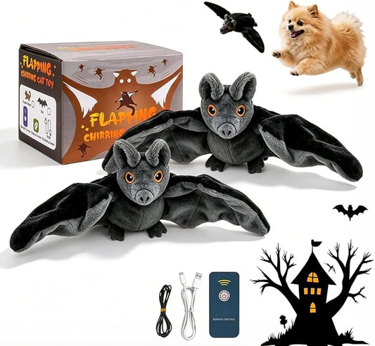 Flying Bat Dog Toy, Flapping Wings Interactive Chirping Pet Teaser, Remote Control Rechargeable Halloween Bat Toy with Catnip Filling, Electric Simulation Flying Motion Toy for Cats Dogs，2pcs