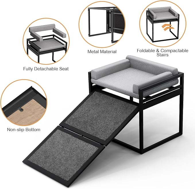Non Slip Dog Ramp with Seat Extra Wide Seat Doggie Mate Stairs Grey | Metal Frame Puppy Chair for High Bed Couch Office,Dachshunds Ladder,Washable Cushion Pet Step for Small Old Pets,Cat Ladder