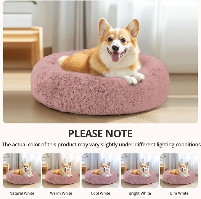 JOLLYVOGUE Calming Dog Bed Medium Size Dog, 31in Donut Washable Medium Pet Bed, Anti-Slip & Anti-Anxiety Fluffy Faux Fur Round Dogs Bed, Fits up to 45 lbs Pets (Dark Pink)