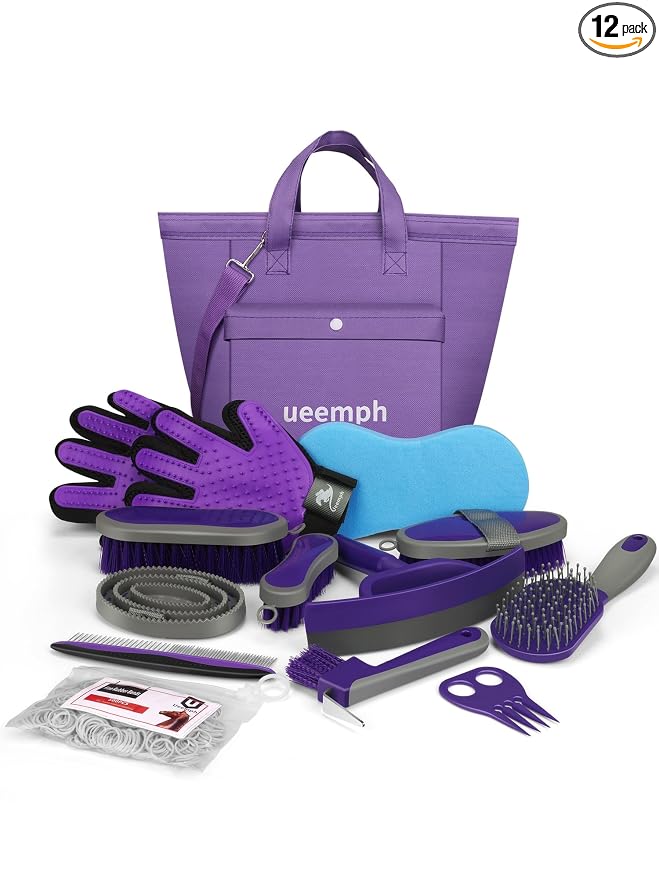 Horse Grooming Kit (12-Piece): Brushes, Storage Bag, Sweat Scraper, Mane Comb, Grooming Gloves - Purple Horse Gifts for Girls