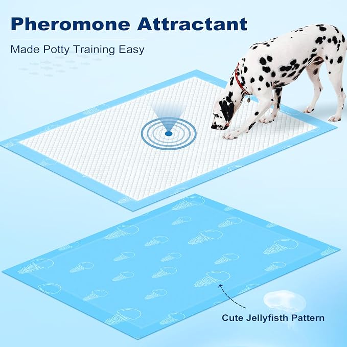 MIZOK XXL Pee Pads for Dogs Super Absorbent Dog Pee Pads Bulk 36x36in 100Ct | Heavy Duty Blue Pet Training Pads Feature Unique Jellyfish Designs and Leak Proof Adhesive Tabs for Large Dog Needs