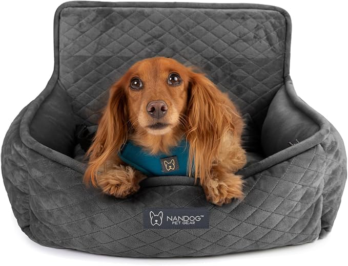 NANDOG Luxury Dog Car Seat Bed for Small Dogs, Micro Plush Pet Seat with Removable & Washable Cushion Insert, Thick Safety Seatbelt Straps, Secure Travel Carrier, Dark Grey, 20" L x 16" W